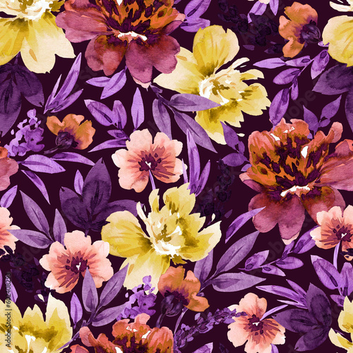 Floral watercolor seamless pattern. Design for fabric  wallpaper  wrapping paper and more.