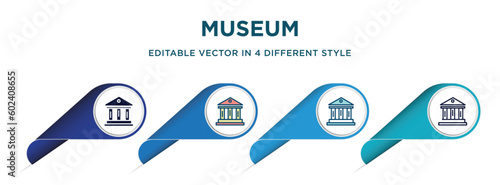 museum icon in 4 different styles such as filled, color, glyph, colorful, lineal color. set of   vector for web, mobile, ui