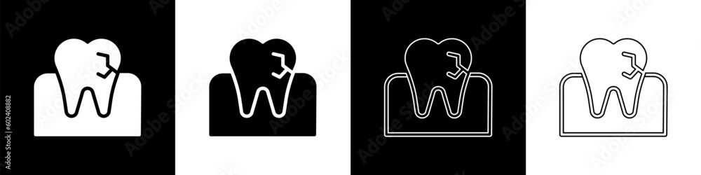 Set Tooth with caries icon isolated on black and white background. Tooth decay. Vector Set Tooth with caries icon isolated on black and white background. Tooth decay. Vector