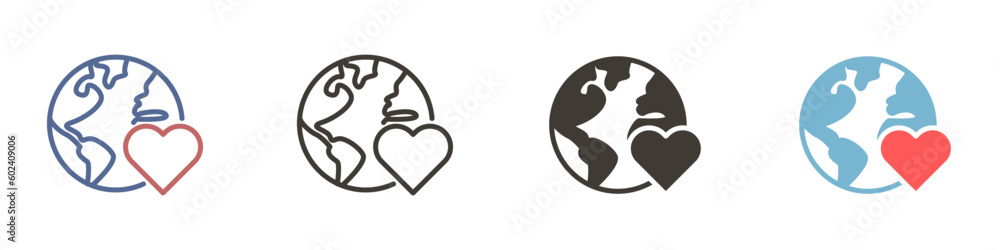 Vector icon in 4 different styles. Planet earth with a heart Vector icon in 4 different styles. Planet earth with a heart