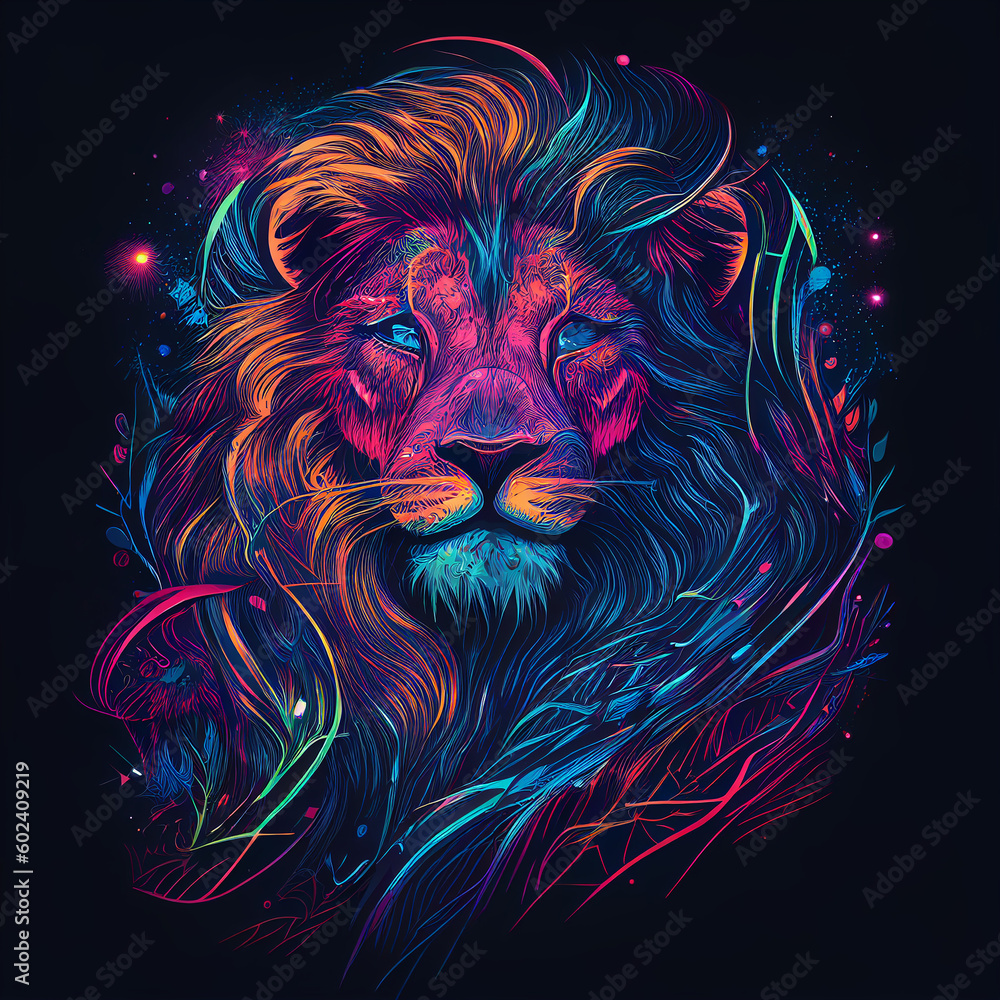 Obraz premium Lion zodiac sign in vibrant colors neon pink, purple, and blue. A psychedelic lion portrait. 