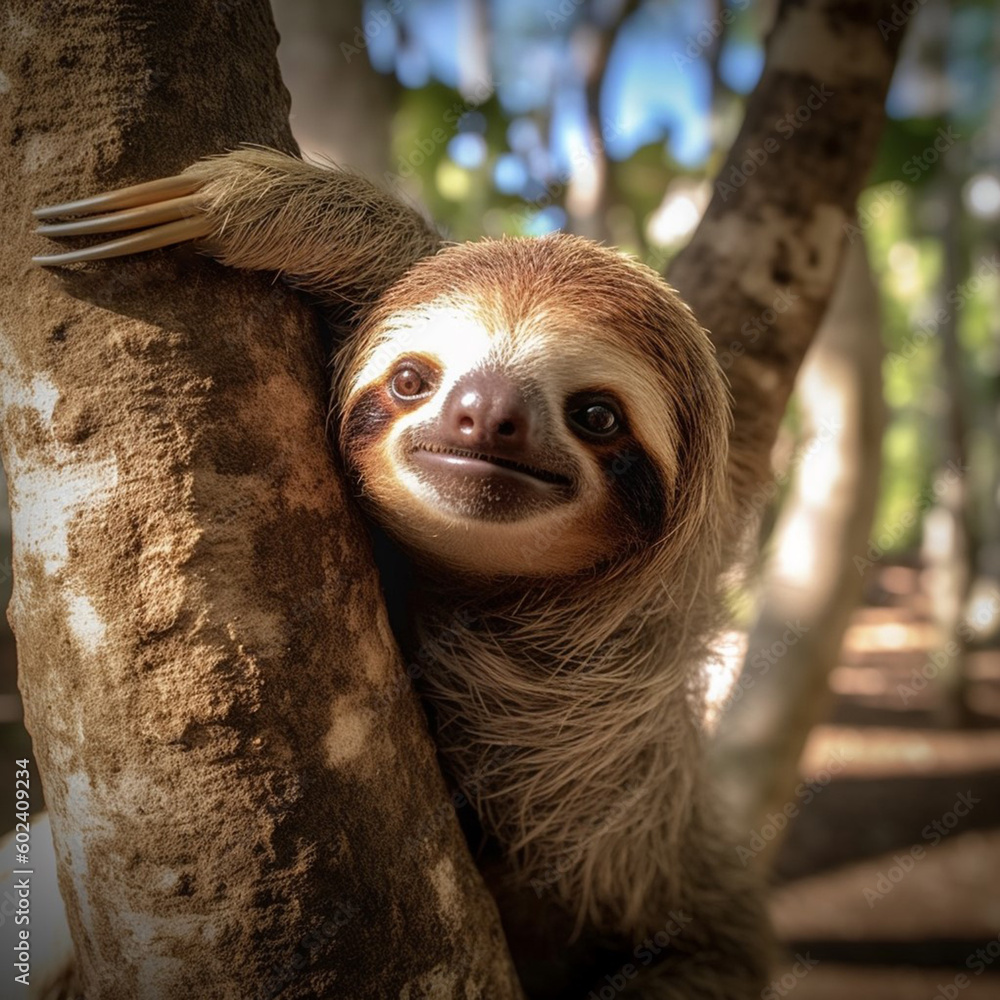 Fototapeta premium Jungle Serenade: A Sloth's Calm Retreat in the Caribbean Wilderness. Illustration, AI generative using Midjourney.