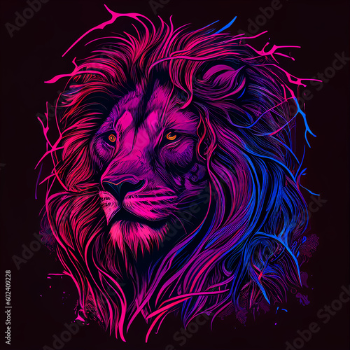 Lion zodiac sign in vibrant colors neon pink, purple, and blue. A psychedelic lion portrait. 