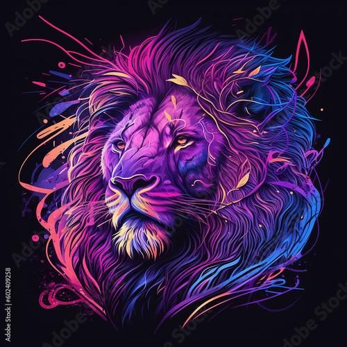 Lion zodiac sign in vibrant colors neon pink, purple, and blue. A psychedelic lion portrait. 
