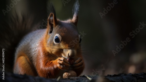 Portrait of Red Squirrel eating hazelnut Generative AI