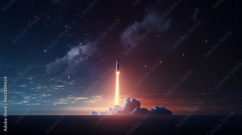 Spaceship takes off into the night sky on a mission. Rocket starts into space Generative AI