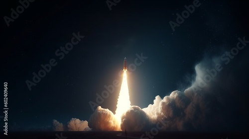 Spaceship takes off into the night sky on a mission. Rocket starts into space Generative AI
