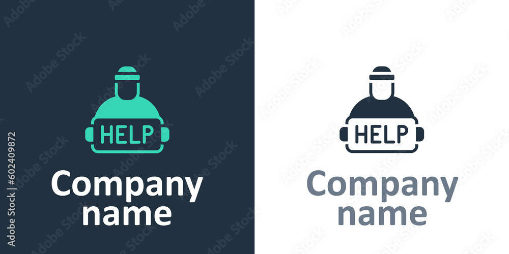 Logotype Man with cardboard on the city street is asking for help icon isolated on white background. Poor homeless beggar. Homelessness problem. Logo design template element. Vector