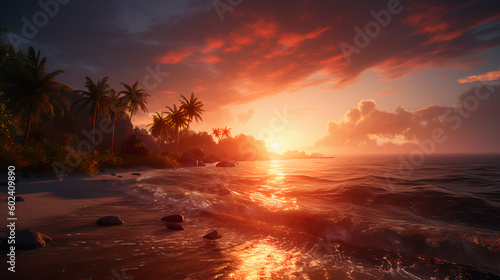 sunset on the beach, water, island, summer, sea, palm tress, Generated by AI