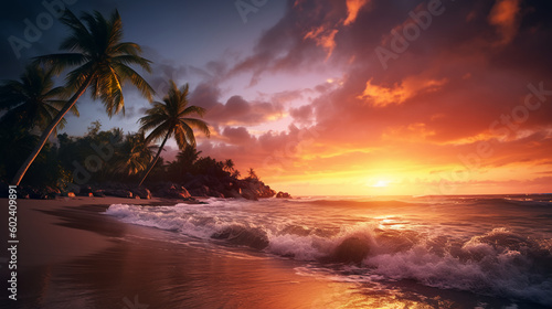 sunset over the beach, beach, sea, ocean, landscape, Generated by AI, summer