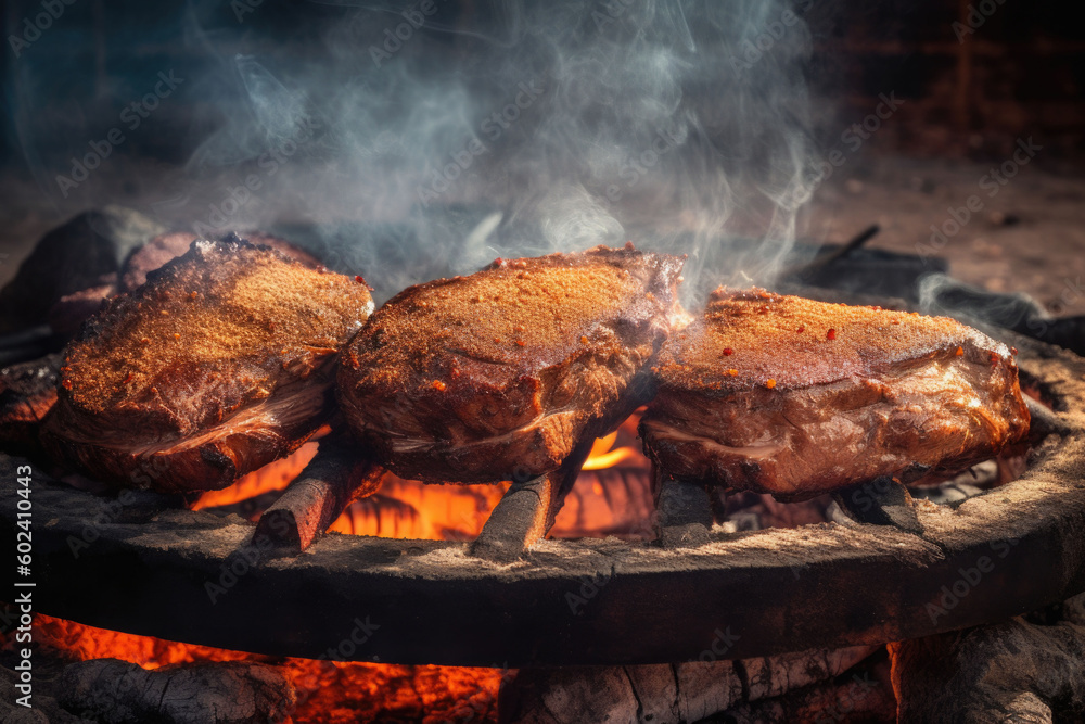 Barbecue steaks cooked together with breading on hot grill. Generative AI Barbecue steaks cooked together with breading on hot grill. Generative AI