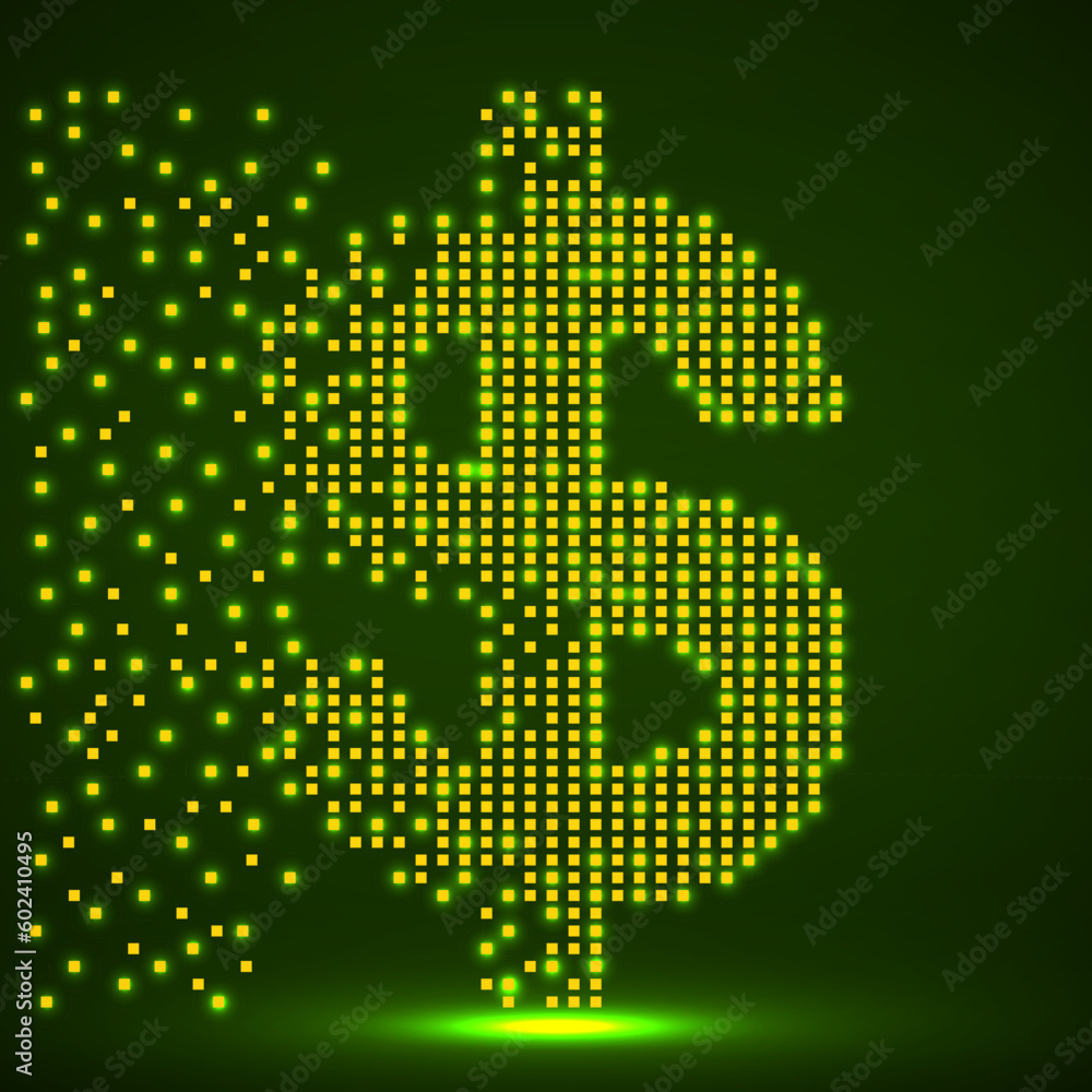 Dollar of pixels with an explosion, halftone style. Vector illustration Dollar of pixels with an explosion, halftone style. Vector illustration