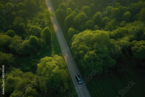 Aerial view road and forest. Road going through forest with car view from above. Generative AI