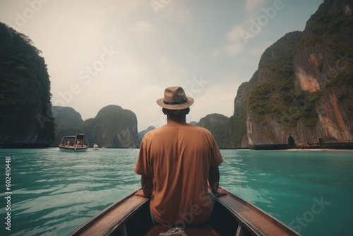 Tourist man in hat relaxing on boat at the beautiful islands, back view. Generative AI