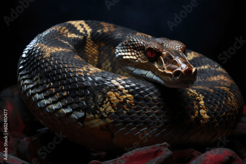 Ancient reptile with red eyes. Dangerous poisonous exotic snake. Generative AI