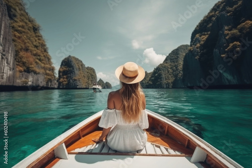Tourist woman in dress relaxing on boat at the beautiful islands, back view. Generative AI