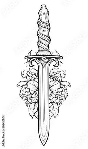 Dagger. Outline. Tattoo desigh No Shadow. Cartoon. Coloring page. Vector. Simple