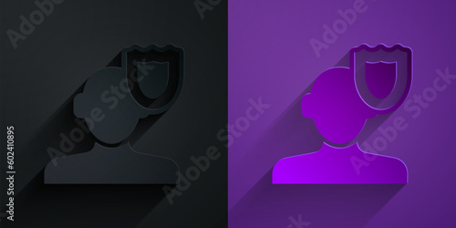 Paper cut Psychology icon isolated on black on purple background. Psi symbol. Mental health concept, psychoanalysis analysis and psychotherapy. Paper art style. Vector
