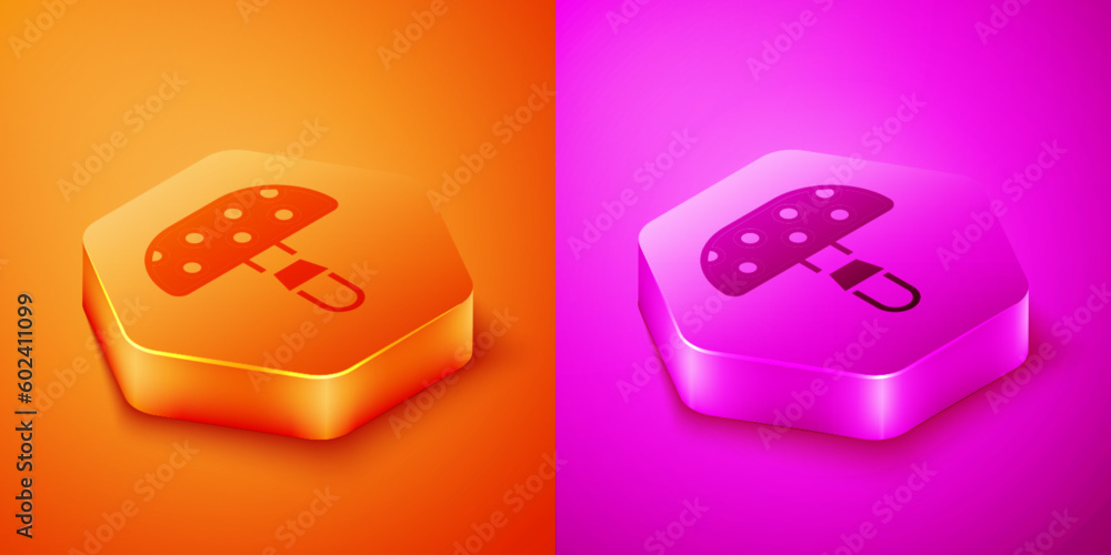 Isometric Amanita muscaria or fly agaric hallucinogenic toadstool mushroom icon isolated on orange and pink background. Spotted poisonous mushroom. Hexagon button. Vector Isometric Amanita muscaria or fly agaric hallucinogenic toadstool mushroom icon isolated on orange and pink background. Spotted poisonous mushroom. Hexagon button. Vector