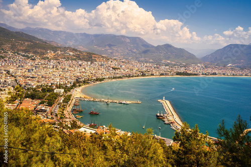 Wide angle shot of alanya cityscape view, landscape with port located in Turkey