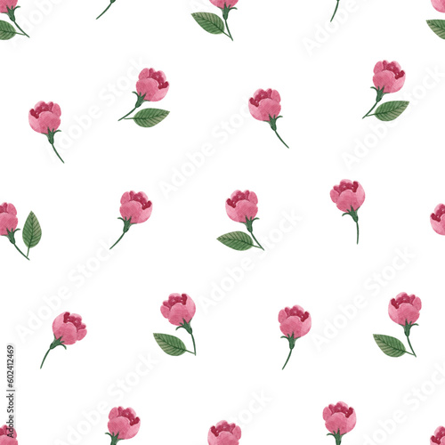 Endless watercolor pattern with red roses. Seamless floral pattern with flowers and leaves painted in watercolor