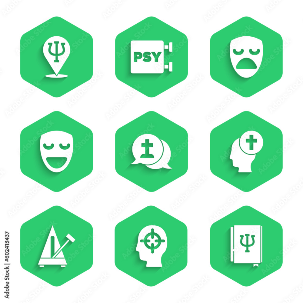 Set Graves funeral sorrow, Finding problem, Psychology book, Psi, Man graves, Metronome with pendulum, Comedy theatrical mask, Drama and Psychology, icon. Vector Set Graves funeral sorrow, Finding problem, Psychology book, Psi, Man graves, Metronome with pendulum, Comedy theatrical mask, Drama and Psychology, icon. Vector
