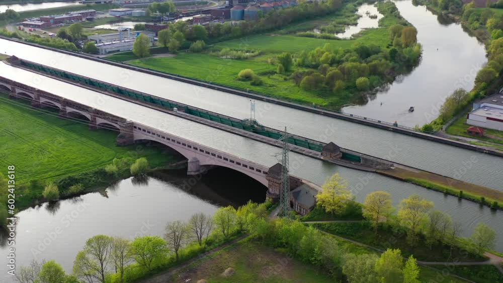 Aerial view of Minden Water Bridge over Weser River, Mittellandkanal, Minden, Germany. High quality 4k footage Aerial view of Minden Water Bridge over Weser River, Mittellandkanal, Minden, Germany. High quality 4k footage