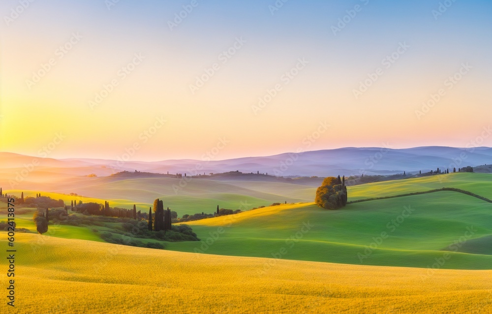 Panorama of sunrise in Tuscany, Italy (Generative AI - obrazy, fototapety, plakaty 