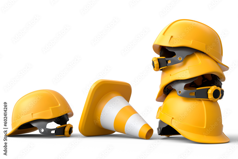 Stack of safety helmets or hard hats and traffic cones on white background - obrazy, fototapety, plakaty 