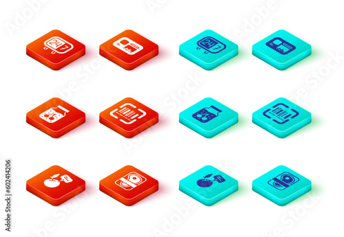 Set Supermarket food products with price label, Meat packaging steak, Jam jar, Scanner scanning bar code, Identification badge and Clock 24 hours icon. Vector