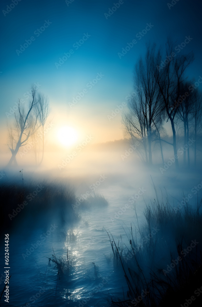 Background from thick morning blue fog with warm backlight from the rising sun Background from thick morning blue fog with warm backlight from the rising sun