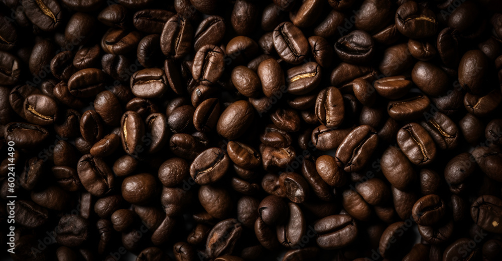 Close-up top view of beautiful composition of aromatic dark roasted coffee beans Close-up top view of beautiful composition of aromatic dark roasted coffee beans