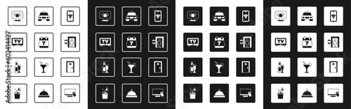 Set Mobile with wi-fi wireless, Hotel booking calendar, Smart Tv, Stars rating, Lift, Taxi car, door and Champagne bottle glass icon. Vector