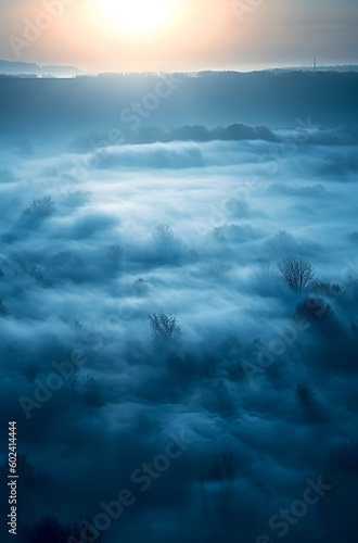 Background from thick morning blue fog with warm backlight from the rising sun