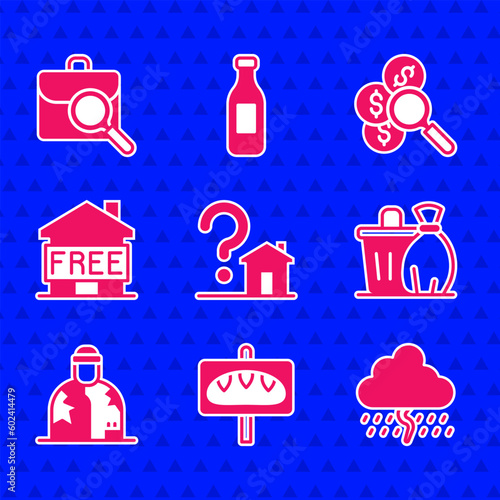 Set House with question mark, Donation food, Cloud rain, Trash can, Homeless, Shelter for homeless, Search money and Work search icon. Vector