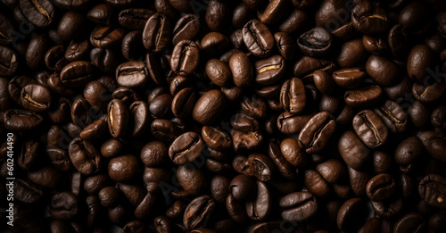 Close-up top view of beautiful composition of aromatic dark roasted coffee beans