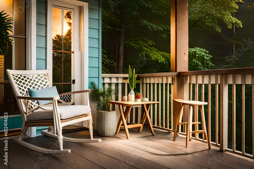 A cozy summer evening scene on a porch, with a warm and inviting atmosphere, featuring comfortable chairs