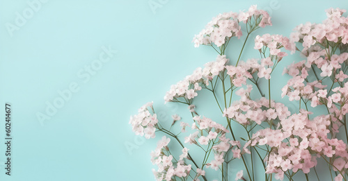 Gypsophila flowers on pastel background. Flat lay, top view, copy space
