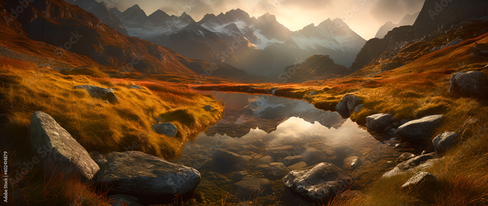 Panorama of Alps mountain with sunset light reflecting in lake