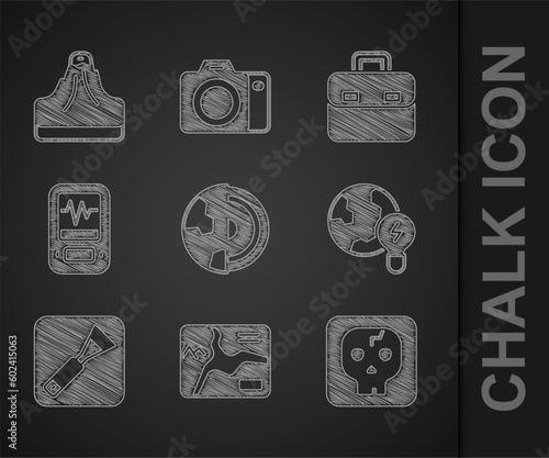 Set Earth core structure crust, Topographic map, Archeology, Global planet with bulb, Paint brush, Seismograph, Briefcase and Volcano icon. Vector