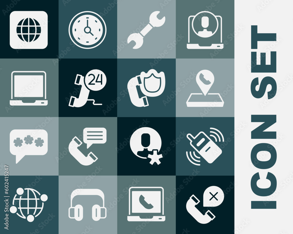 Set Declined or missed phone call, Mobile, Call center location, Wrench spanner, Telephone 24 hours support, Laptop, Worldwide and handset with shield icon. Vector Set Declined or missed phone call, Mobile, Call center location, Wrench spanner, Telephone 24 hours support, Laptop, Worldwide and handset with shield icon. Vector