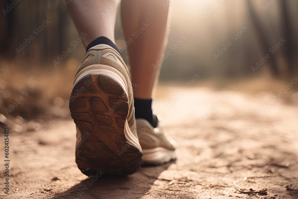 Healthy lifestyle. Legs of man in sport shoose taking run on warm autumm day. Close up. AI generated Healthy lifestyle. Legs of man in sport shoose taking run on warm autumm day. Close up. AI generated