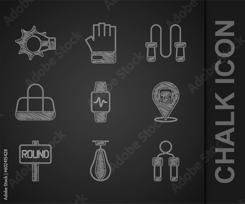 Set Smart watch with heart, Punching bag, Jump rope, Boxing helmet, ring board, Sport, and boxing glove icon. Vector
