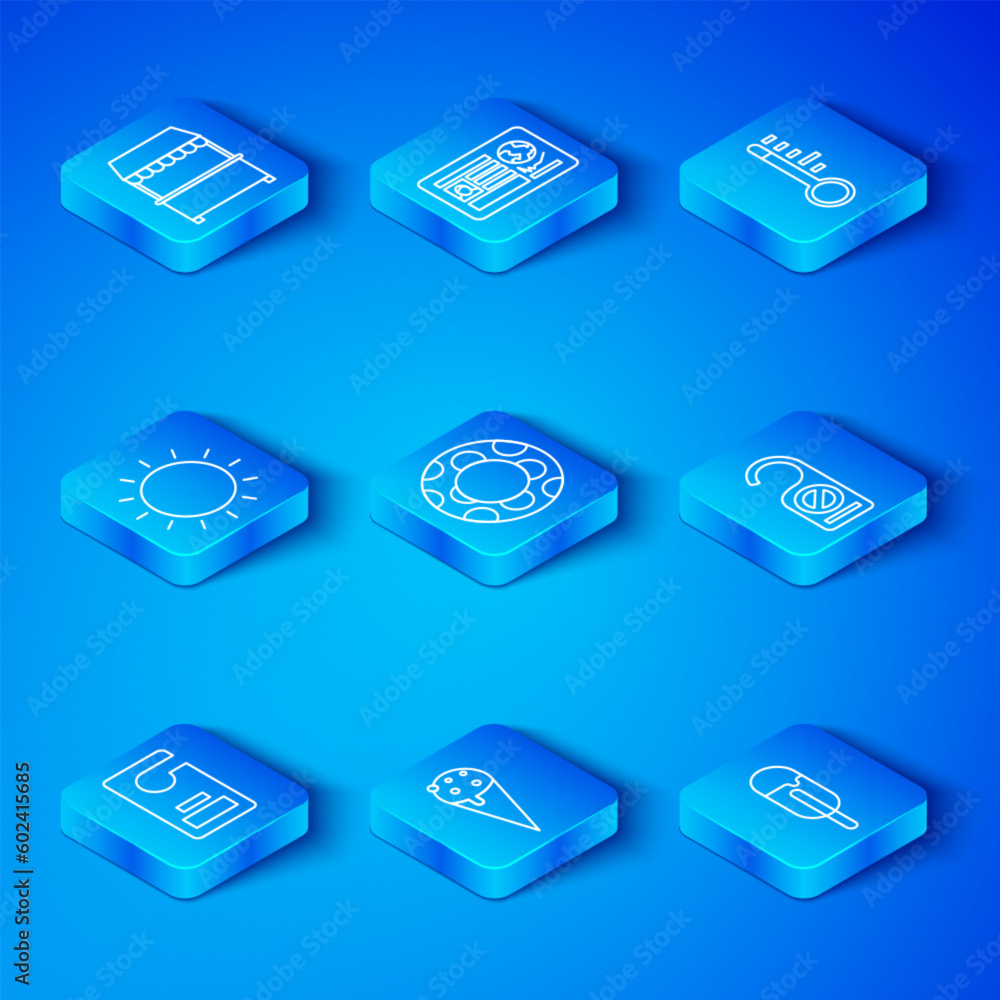 Set line Please do not disturb, Rubber swimming ring, Ice cream waffle cone, Meteorology thermometer, Sun, Street stall with awning and icon. Vector Set line Please do not disturb, Rubber swimming ring, Ice cream waffle cone, Meteorology thermometer, Sun, Street stall with awning and icon. Vector