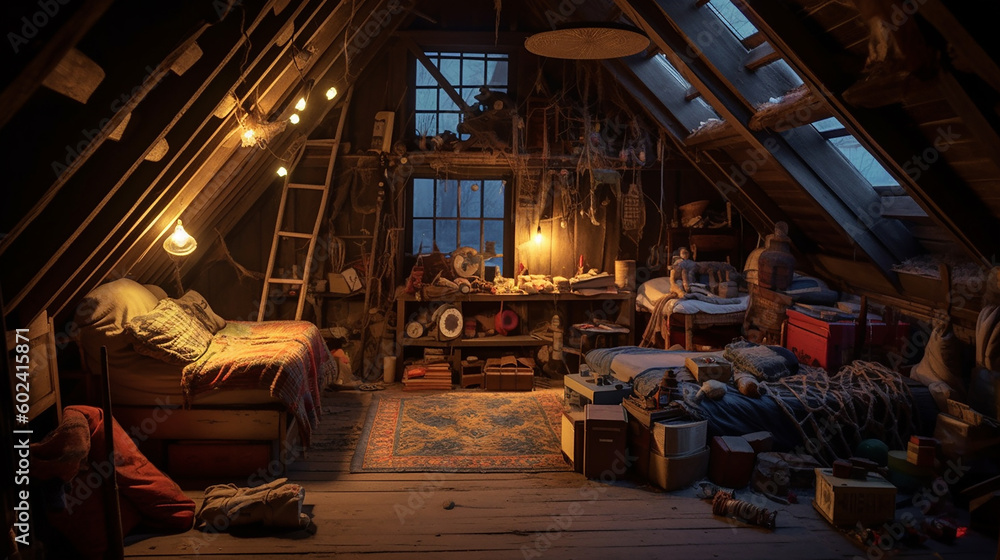 Fototapeta premium Generative AI image of an attic full of old unused things and act as storage.