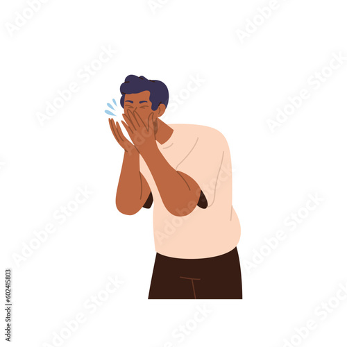 Young sick man character sneezing feeling unwell suffering from viral infection or season allergy
