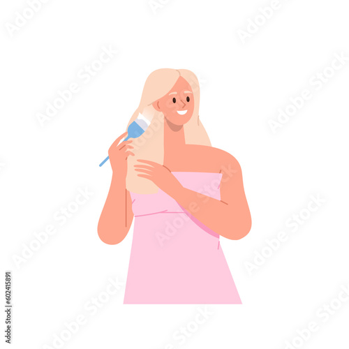 Young pretty woman character coloring dyeing hair at home standing isolated on white background