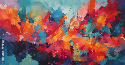 Generate an abstract image inspired by a coral reef, featuring vibrant hues of blues, teals, and purples, interspersed with organic, coral-like shapes in bright oranges, yellows, and reds