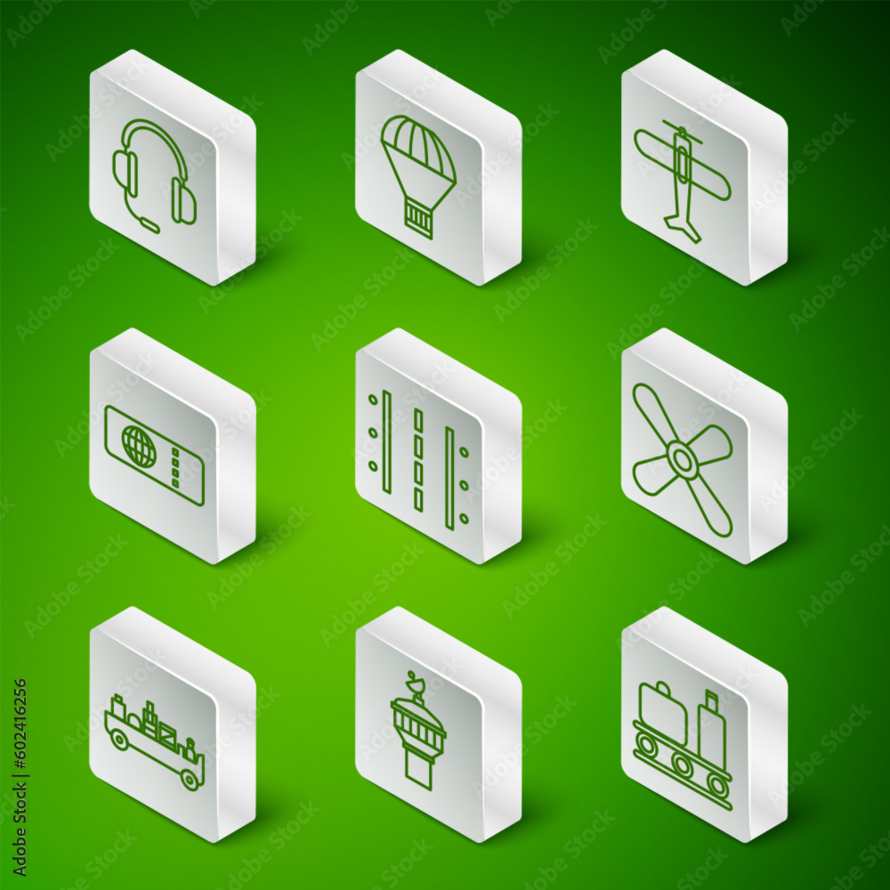 Set line Airport conveyor belt with suitcase, Radar, Headphones microphone, runway, Airline ticket, Box flying parachute, luggage towing truck and Plane propeller icon. Vector Set line Airport conveyor belt with suitcase, Radar, Headphones microphone, runway, Airline ticket, Box flying parachute, luggage towing truck and Plane propeller icon. Vector