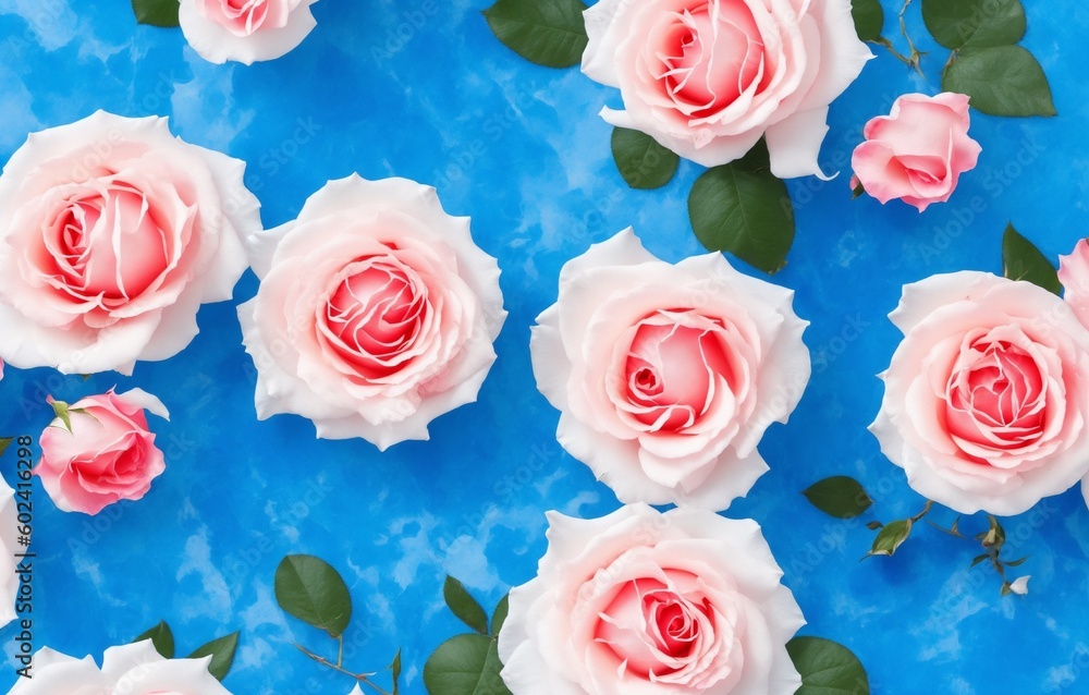 Composition of roses on blue background (Generative AI) - obrazy, fototapety, plakaty 